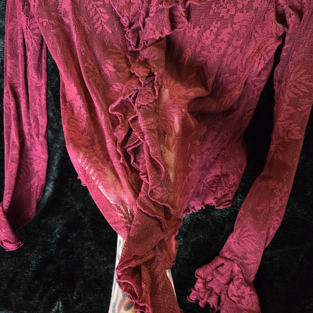 Sheer Mesh Floral Red Ruffled Women's Top - Picture 5 of 5